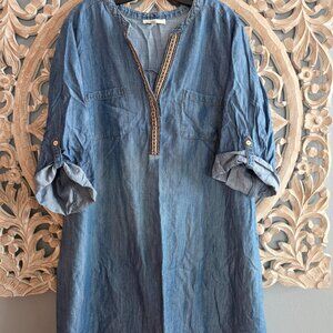 Spense Dress Womens 18 Chambray Shift 3/4 Sleeve Embroidered V-Neck Pullover
